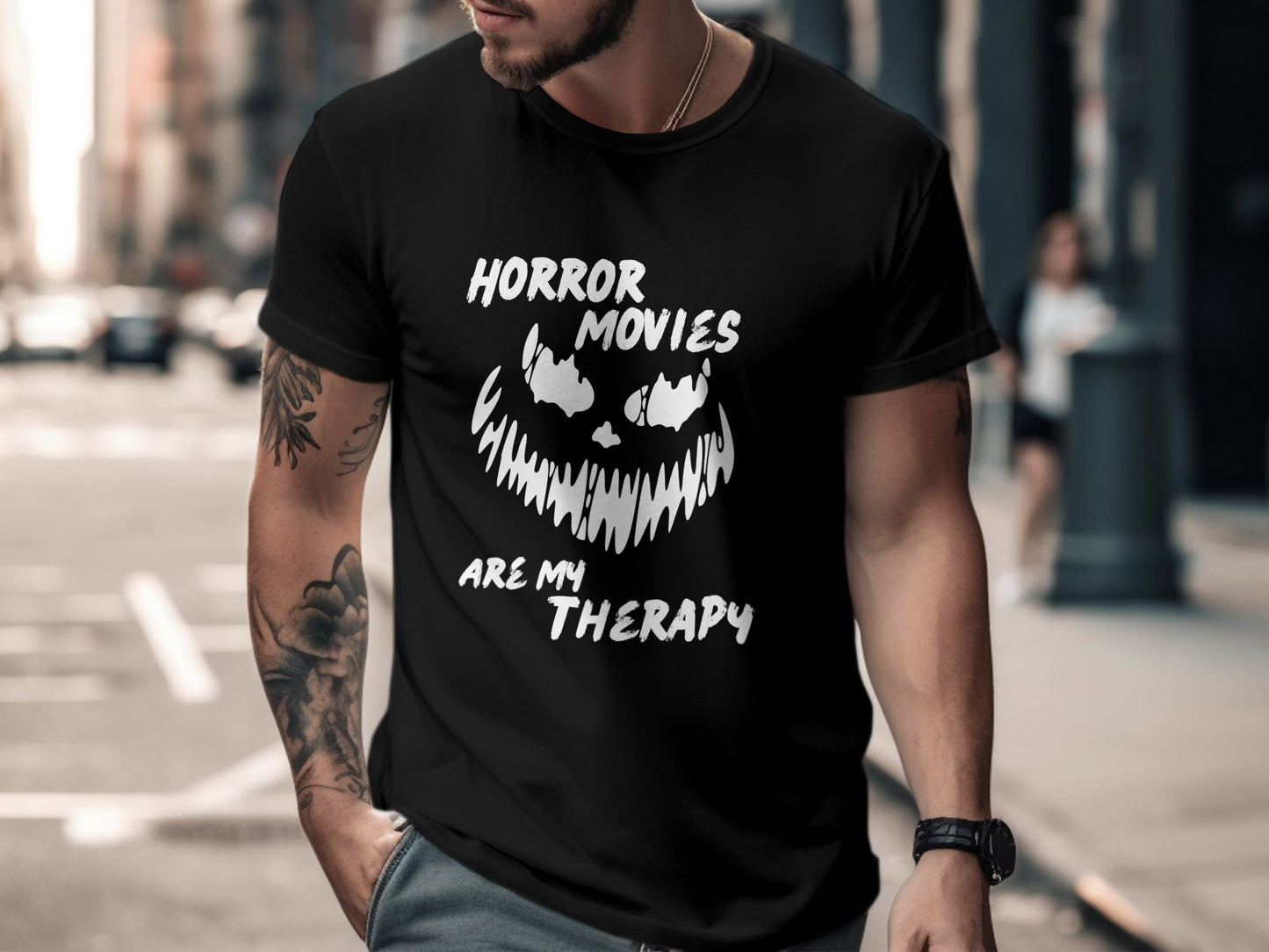 Horror Movies Are My Therapy Black Spooky Jack-O-Lantern Style Face Tee