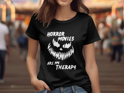 Horror Movies Are My Therapy Black Spooky Jack-O-Lantern Style Face Tee