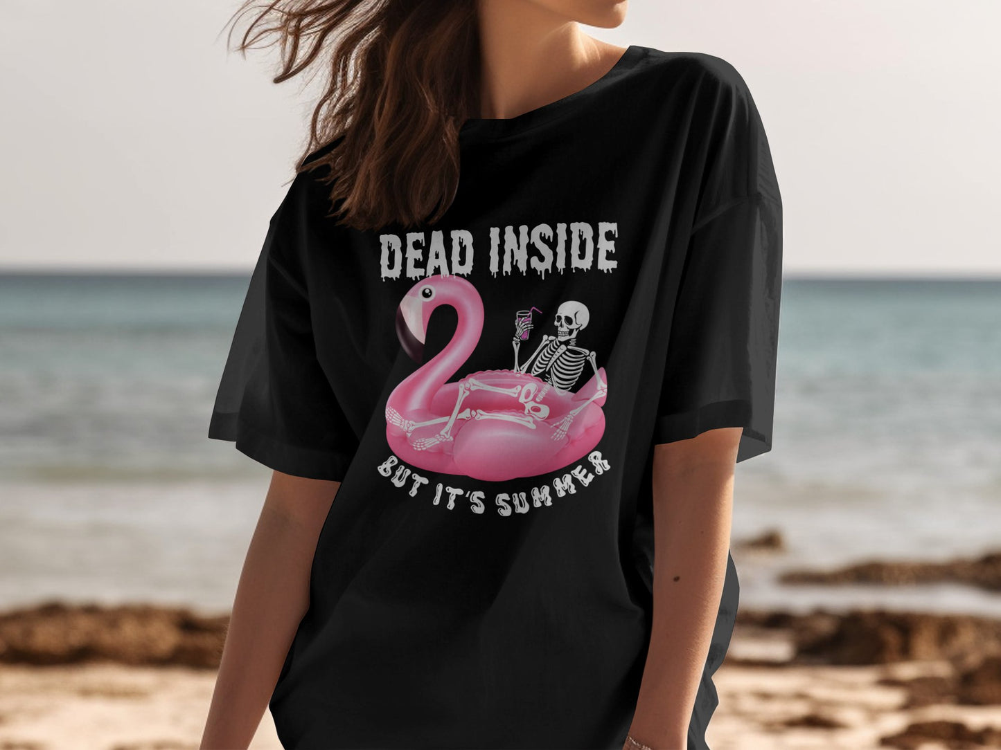 Dead Inside But It's Summer Floating Flamingo Skeleton Tee