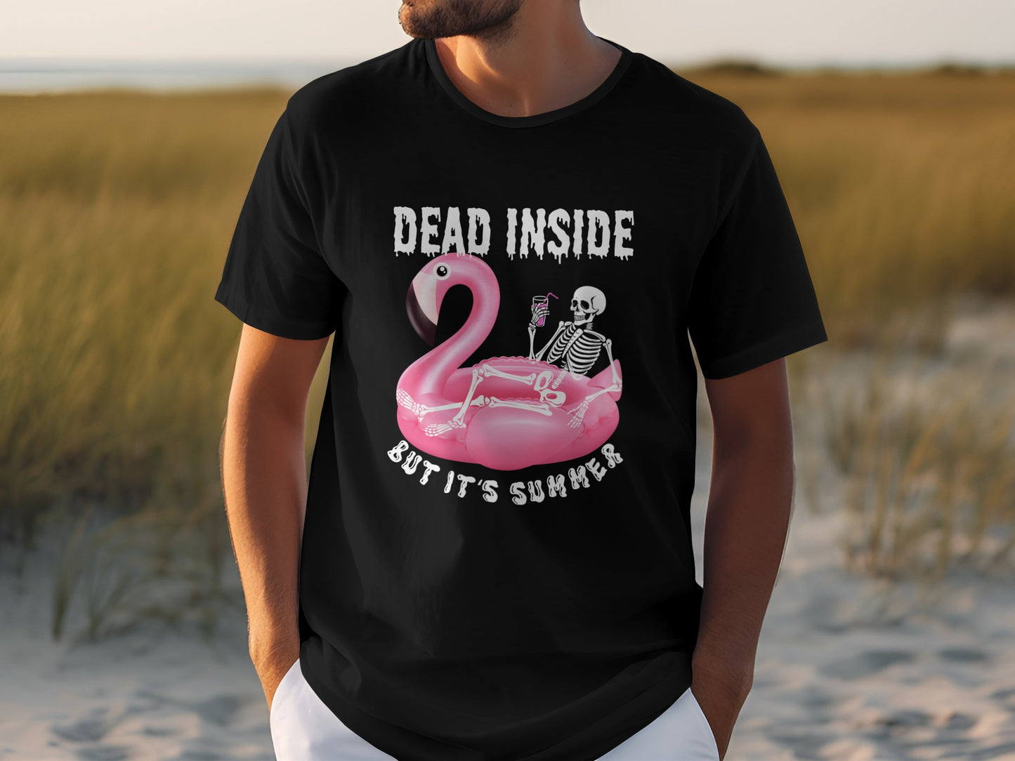 Dead Inside But It's Summer Floating Flamingo Skeleton Tee